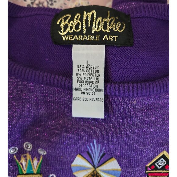 Bob Mackie Wearable Art Purple Sweater With Geometric Designs & Metallic Thread - Picture 7 of 9